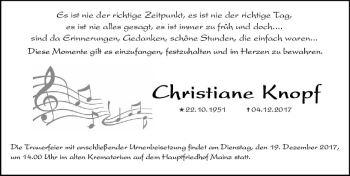 Traueranzeige von Christiane Knopf von Trauerportal Rhein Main Presse