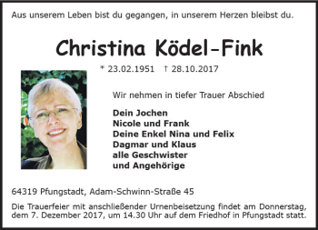 Traueranzeige von Christina Ködel-Fink von Trauerportal Echo Online