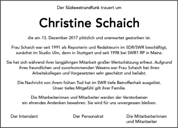 Traueranzeige von Christine Schaich von Trauerportal Rhein Main Presse