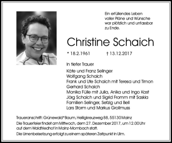 Traueranzeige von Christine Schaich von Trauerportal Rhein Main Presse