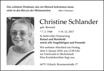 Traueranzeige von Christine Schlander von Trauerportal Echo Online