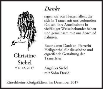 Traueranzeige von Christine Siebel von Trauerportal Rhein Main Presse