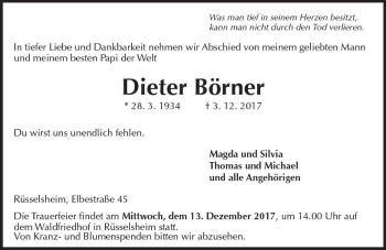 Traueranzeige von Dieter Börner von Trauerportal Rhein Main Presse