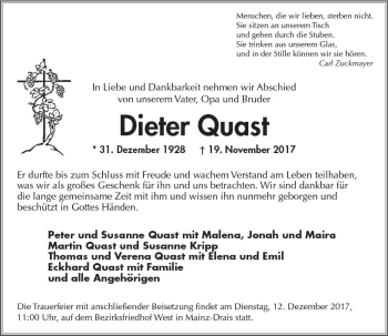 Traueranzeige von Dieter Quast von Trauerportal Rhein Main Presse