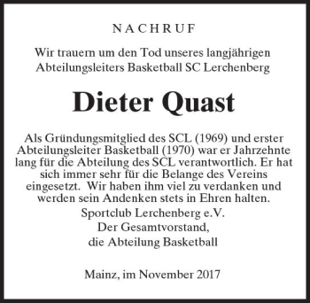 Traueranzeige von Dieter Quast von Trauerportal Rhein Main Presse