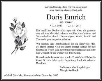 Traueranzeige von Doris Emrich von VRM Trauer
