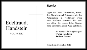 Traueranzeige von Edeltraudt Handstein von VRM Trauer