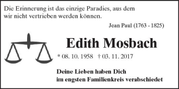 Traueranzeige von Edith Mosbach von Trauerportal Echo Online