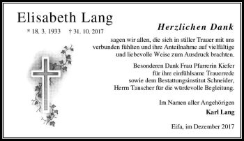 Traueranzeige von Elisabeth Lang von VRM Trauer