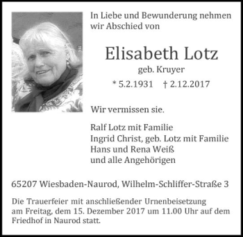 Traueranzeige von Elisabeth Lotz von Trauerportal Rhein Main Presse