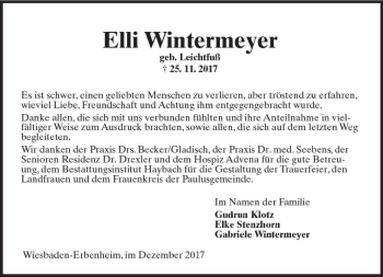 Traueranzeige von Elli Wintermeyer von Trauerportal Rhein Main Presse