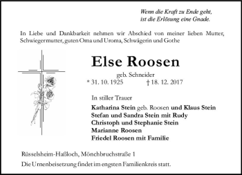 Traueranzeige von Else Roosen von Trauerportal Rhein Main Presse