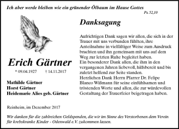 Traueranzeige von Erich Gärtner von Trauerportal Echo Online