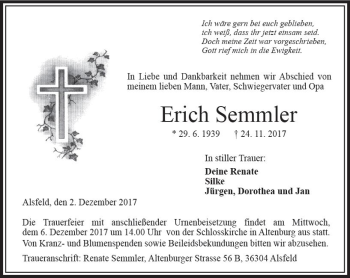 Traueranzeige von Erich Semmler von VRM Trauer