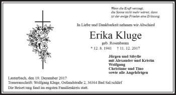Traueranzeige von Erika Kluge von VRM Trauer