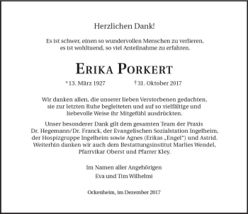 Traueranzeige von Erika Porkert von Trauerportal Rhein Main Presse
