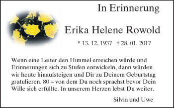 Traueranzeige von Erika Helene Rowold von Trauerportal Rhein Main Presse