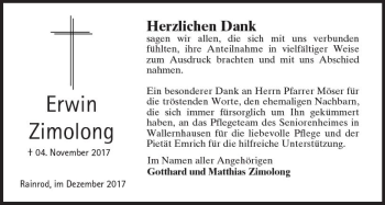 Traueranzeige von Erwin Zimolong von  Kreisanzeiger