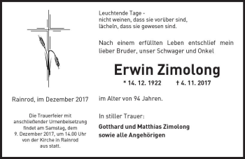 Traueranzeige von Erwin Zimolong von  Kreisanzeiger