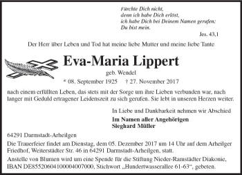 Traueranzeige von Eva-Maria Lippert von Trauerportal Echo Online