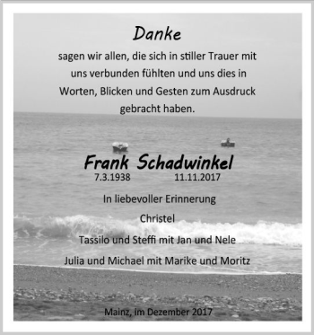 Traueranzeige von Frank Schadwinkel von Trauerportal Rhein Main Presse