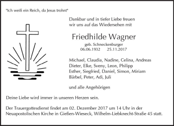 Traueranzeige von Friedhilde Wagner von  Gießener Anzeiger