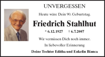 Traueranzeige von Friedrich Stahlhut von Trauerportal Rhein Main Presse