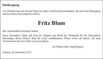 Traueranzeige von Fritz Blum von  Gießener Anzeiger