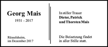 Traueranzeige von Georg Mais von Trauerportal Rhein Main Presse