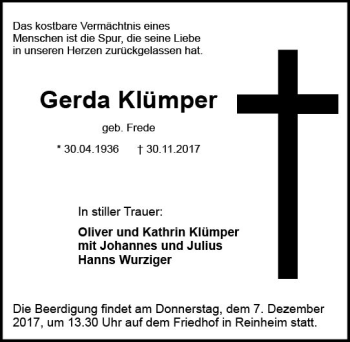 Traueranzeige von Gerda Klümper von Trauerportal Echo Online