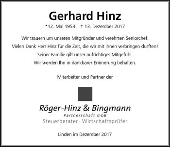 Traueranzeige von Gerhard Hinz von  Gießener Anzeiger