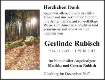 Traueranzeige von Gerlinde Rubisch von  Kreisanzeiger