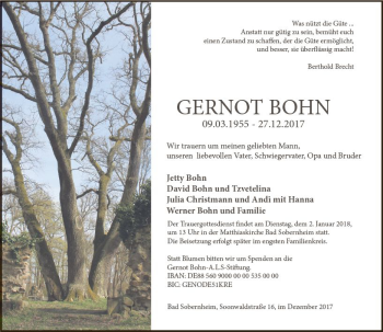 Traueranzeige von Gernot Bohn von Trauerportal Rhein Main Presse