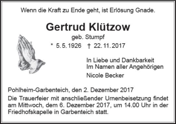 Traueranzeige von Gertrud Klützow von  Gießener Anzeiger