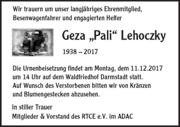 Traueranzeige von Geza Lehoczky von Trauerportal Echo Online