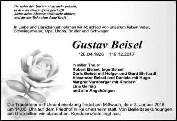 Traueranzeige von Gustav Beisel von Trauerportal Echo Online