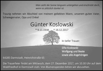 Traueranzeige von Günter Koslowski von Trauerportal Echo Online