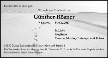 Traueranzeige von Günther Rösner von Trauerportal Rhein Main Presse