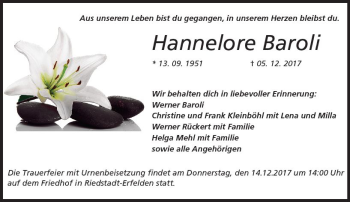 Traueranzeige von Hannelore Baroli von Trauerportal Echo Online