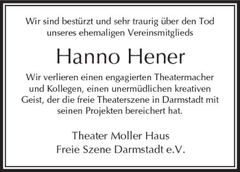 Traueranzeige von Hanno Hener von Trauerportal Echo Online