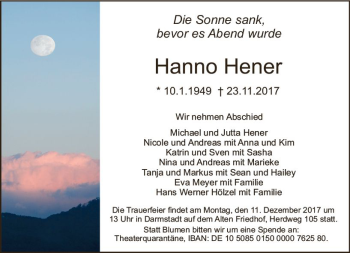 Traueranzeige von Hanno Hener von Trauerportal Echo Online