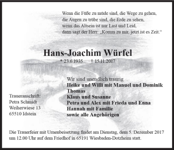 Traueranzeige von Hans-Joachim Würfel von Trauerportal Rhein Main Presse