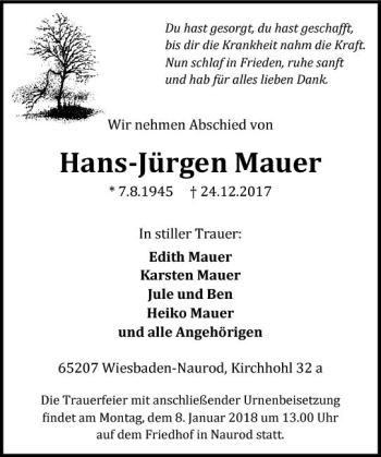 Traueranzeige von Hans-Jürgen Mauer von Trauerportal Rhein Main Presse