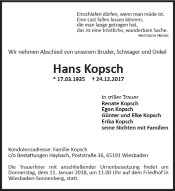 Traueranzeige von Hans Kopsch von Trauerportal Rhein Main Presse