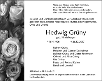 Traueranzeige von Hedwig Grüny von Trauerportal Rhein Main Presse