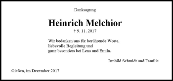 Traueranzeige von Heinrich Melchior von  Gießener Anzeiger