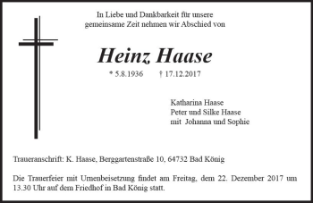Traueranzeige von Heinz Haase von Trauerportal Echo Online