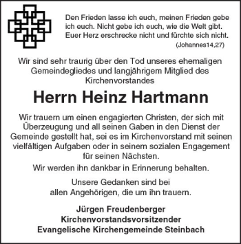 Traueranzeige von Heinz Hartmann von Trauerportal Echo Online