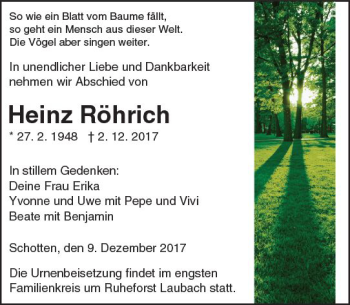 Traueranzeige von Heinz Röhrich von  Kreisanzeiger
