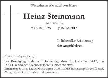 Traueranzeige von Heinz Steinmann von Trauerportal Rhein Main Presse